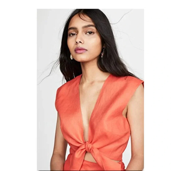 Miguelina Marcy Crop Top Cropped Tie Front Pure Linen Short Sleeve Red S Small - Picture 1 of 9